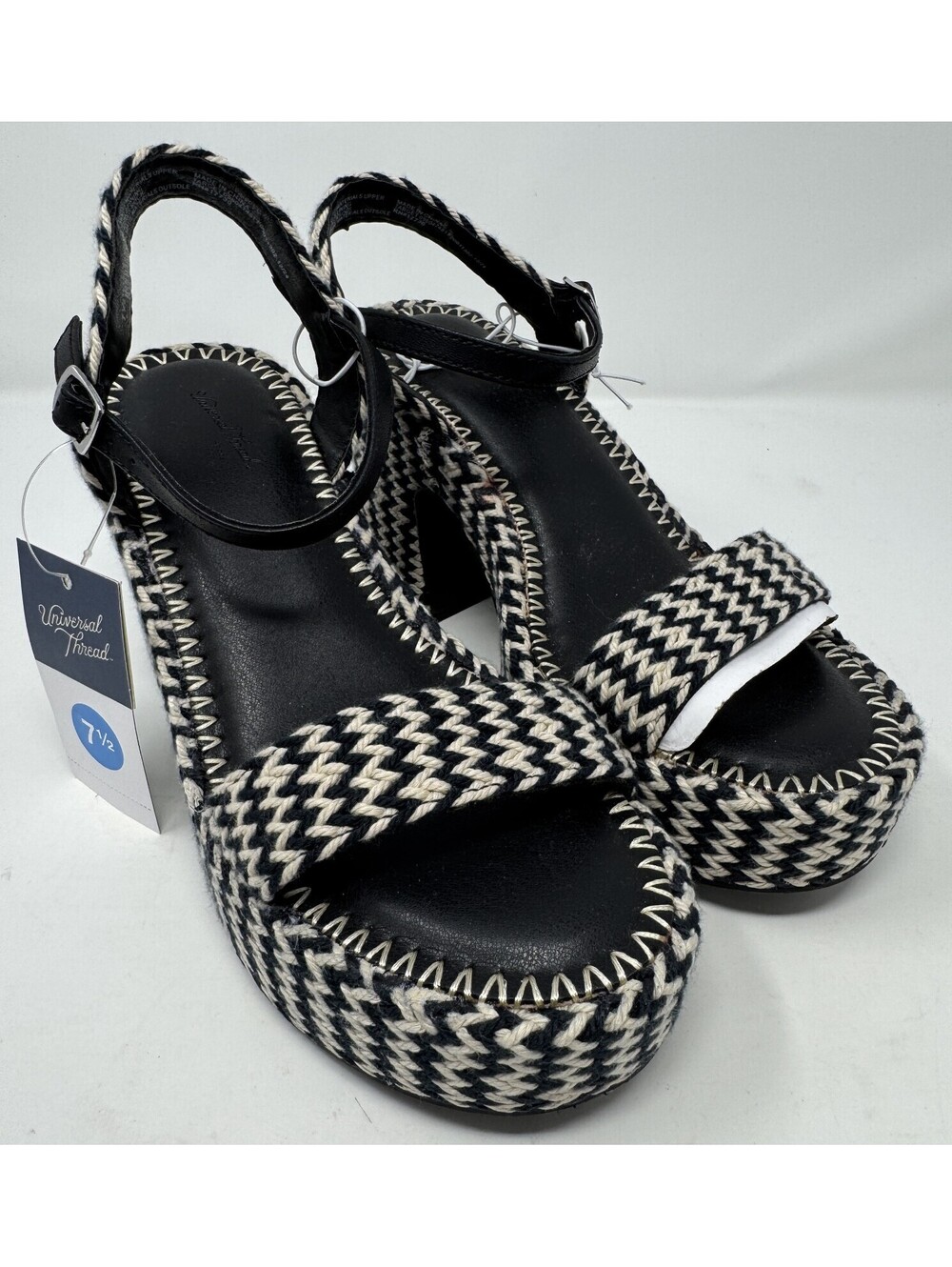 Universal Thread Women's Madeline Woven Platform Sandal Heels Black/White Sz 7.5